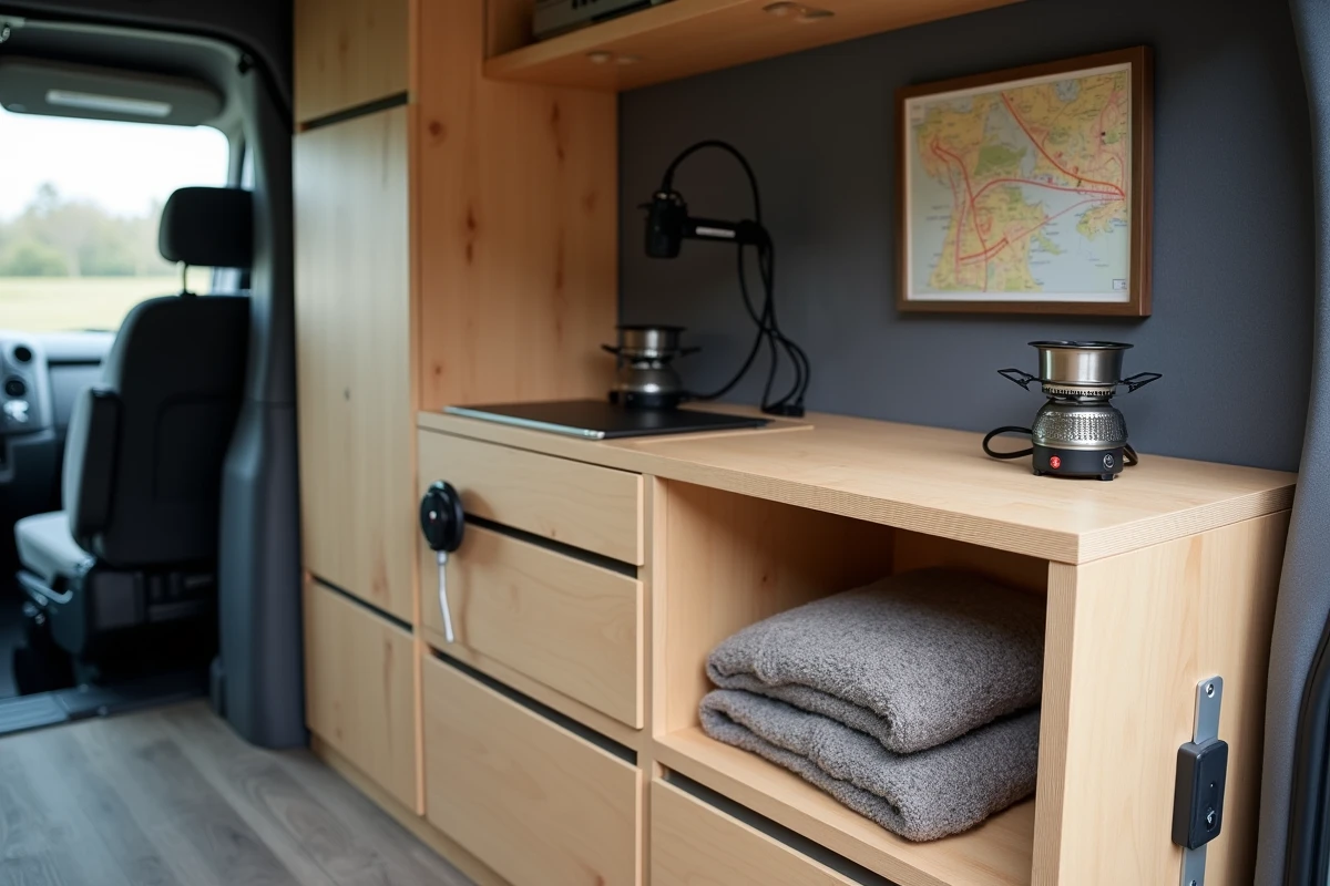 Détail du système de rangement modulaire en bois dans un Kangoo aménagé combinant espace bureau et équipements de loisirs pour un van polyvalent