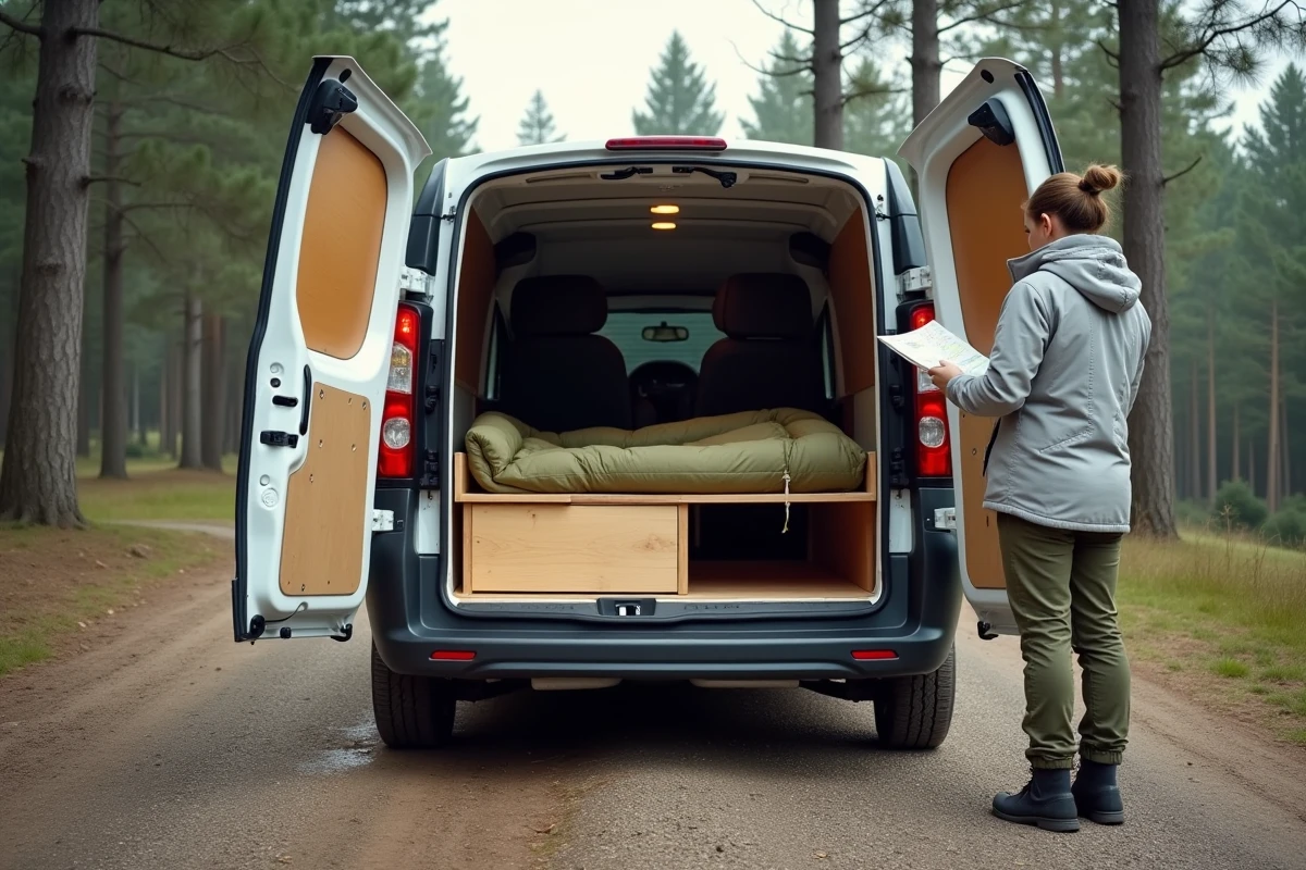 Extérieur d'un Renault Kangoo blanc aménagé en van de loisirs avec portes ouvertes et plateforme de couchage en bois dans une clairière forestière