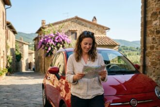 Femme consultant une carte à côté d'une voiture de location rouge sur une rue pavée en Toscane, Italie