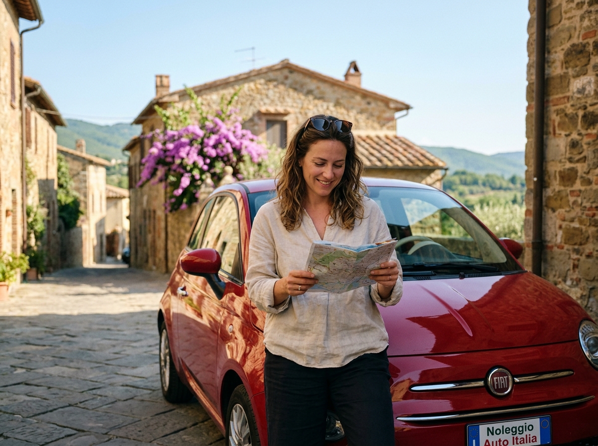 Femme consultant une carte à côté d'une voiture de location rouge sur une rue pavée en Toscane, Italie
