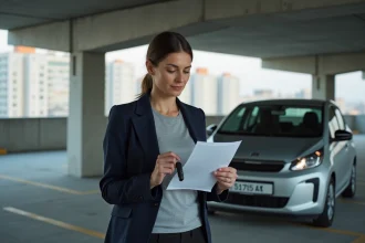 Femme examinant un contrat de location de voiture mensuelle dans un parking urbain