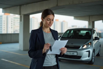 Femme examinant un contrat de location de voiture mensuelle dans un parking urbain