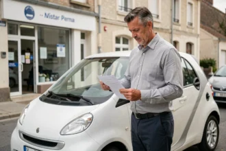 Homme consultant un contrat de location de voiturette sans permis devant une agence de location