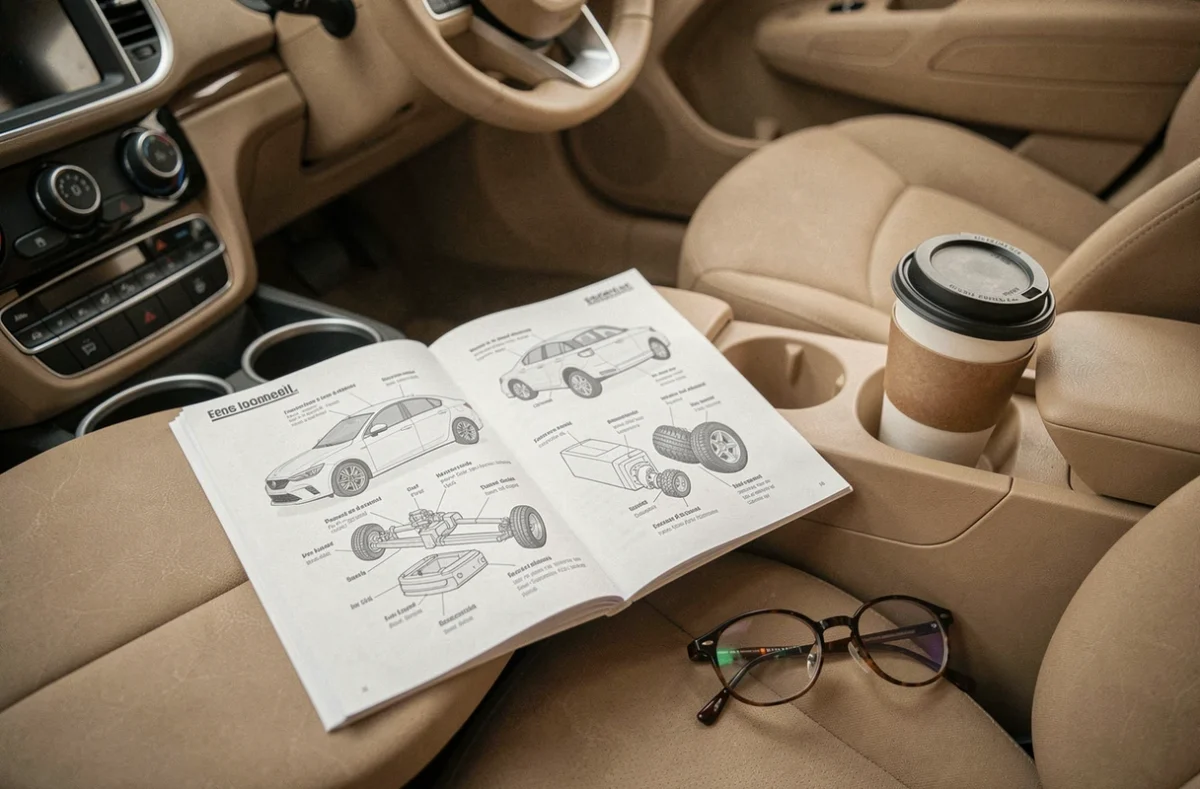 Manuel automobile ouvert sur le tableau de bord avec schéma annoté des pièces d'une voiture pour débutants