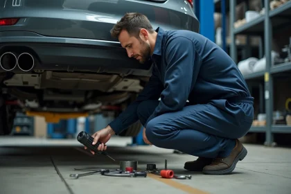 Mécanicien inspectant le filtre à particules sous une voiture surélevée dans un garage professionnel