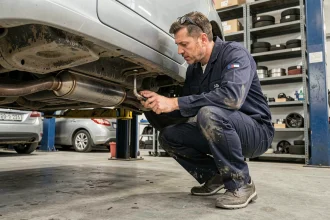 Mécanicien inspectant le filtre à particules sous une Peugeot 308 dans un garage professionnel