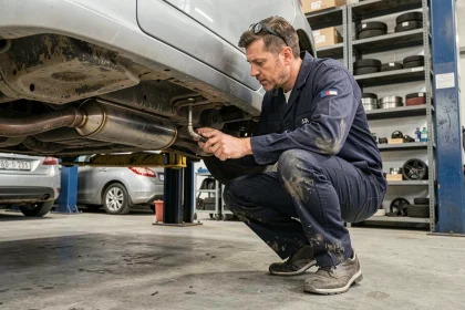 Mécanicien inspectant le filtre à particules sous une Peugeot 308 dans un garage professionnel