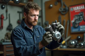 Mécanicien inspectant une pièce moteur 50cc Yamaha TZR dans un atelier de réparation moto