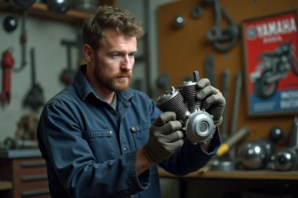 Mécanicien inspectant une pièce moteur 50cc Yamaha TZR dans un atelier de réparation moto
