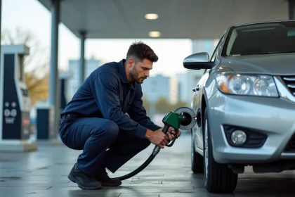 Mécanicien lisant l'étiquette du carburant sur une pompe à essence dans une station-service moderne