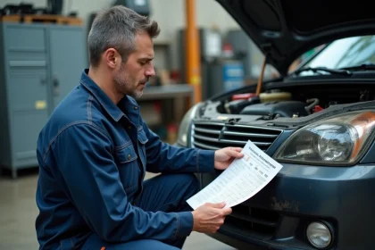 Mécanicien consultant un tableau de conversion CC en CV à côté d'un moteur ouvert dans un atelier automobile