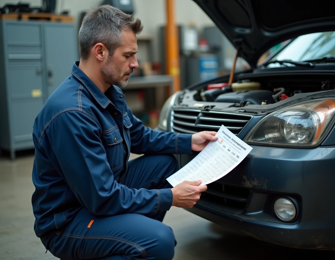 Mécanicien consultant un tableau de conversion CC en CV à côté d'un moteur ouvert dans un atelier automobile