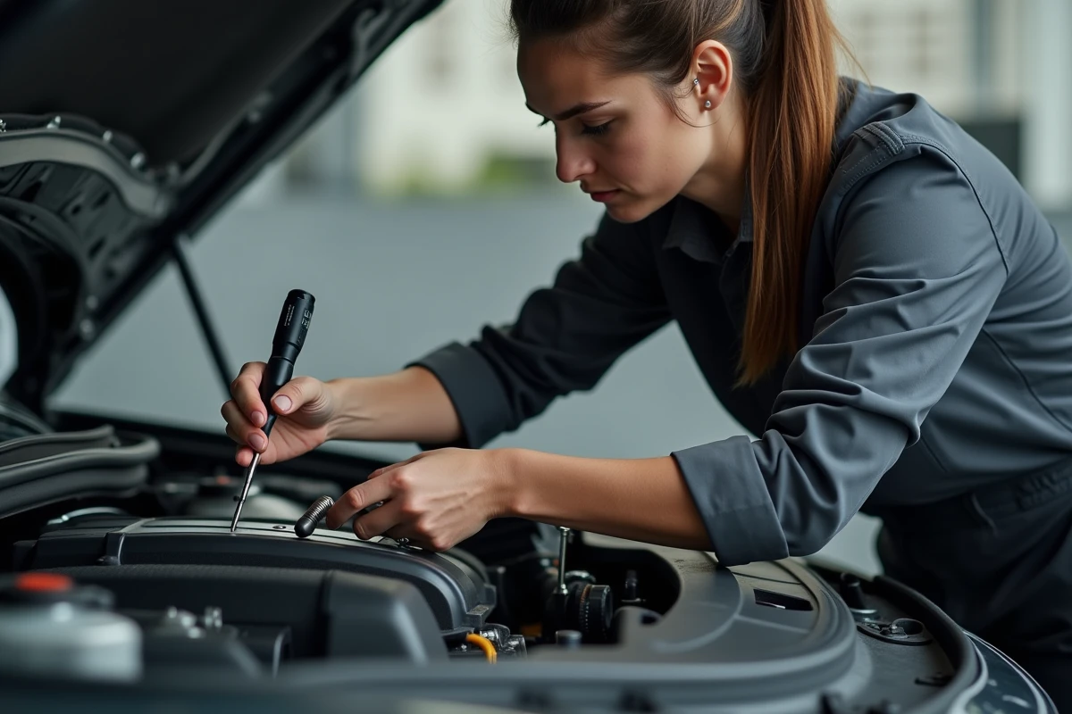 Mécanicienne tenant une clé dynamométrique numérique au-dessus d'un moteur turbo moderne ouvert