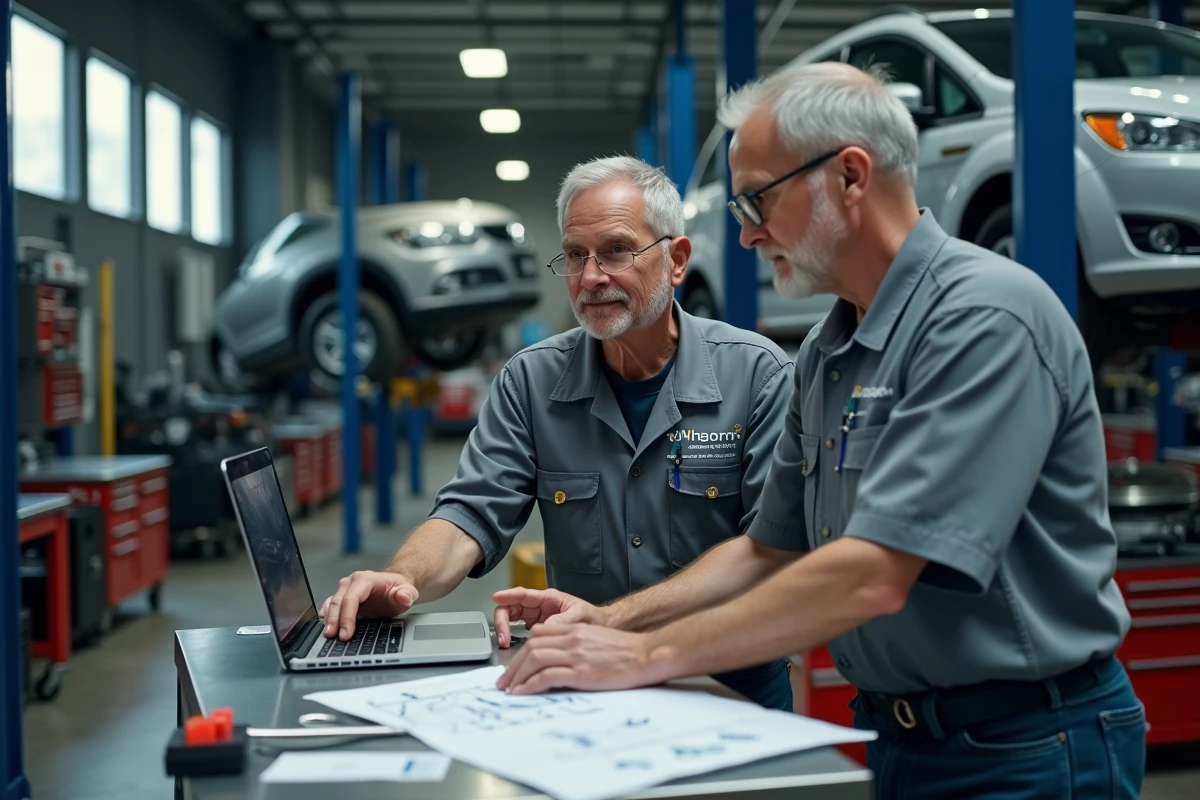 Deux mécaniciens professionnels collaborant sur un logiciel de données techniques automobiles en atelier de réparation