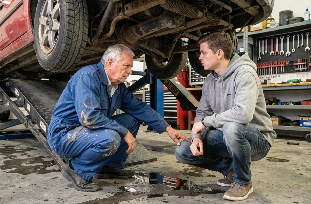 Un mécanicien explique les défauts mécaniques d'une LADA à un acheteur dans un garage français, mettant en lumière les erreurs fréquentes à éviter