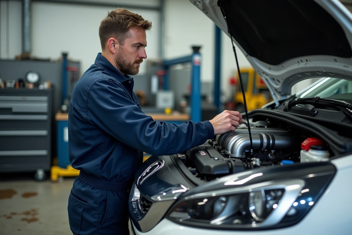 Mécanicien inspectant le moteur turbo d'une Peugeot 208 GTI blanche sur pont élévateur dans un garage professionnel