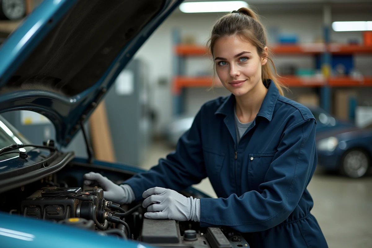 Femme m&eacute;canicienne inspectant le moteur dans l