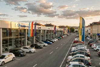 Vue panoramique d'un quartier de concessionnaires automobiles en Haute-Garonne avec plusieurs showrooms alignés le long d'un boulevard commercial