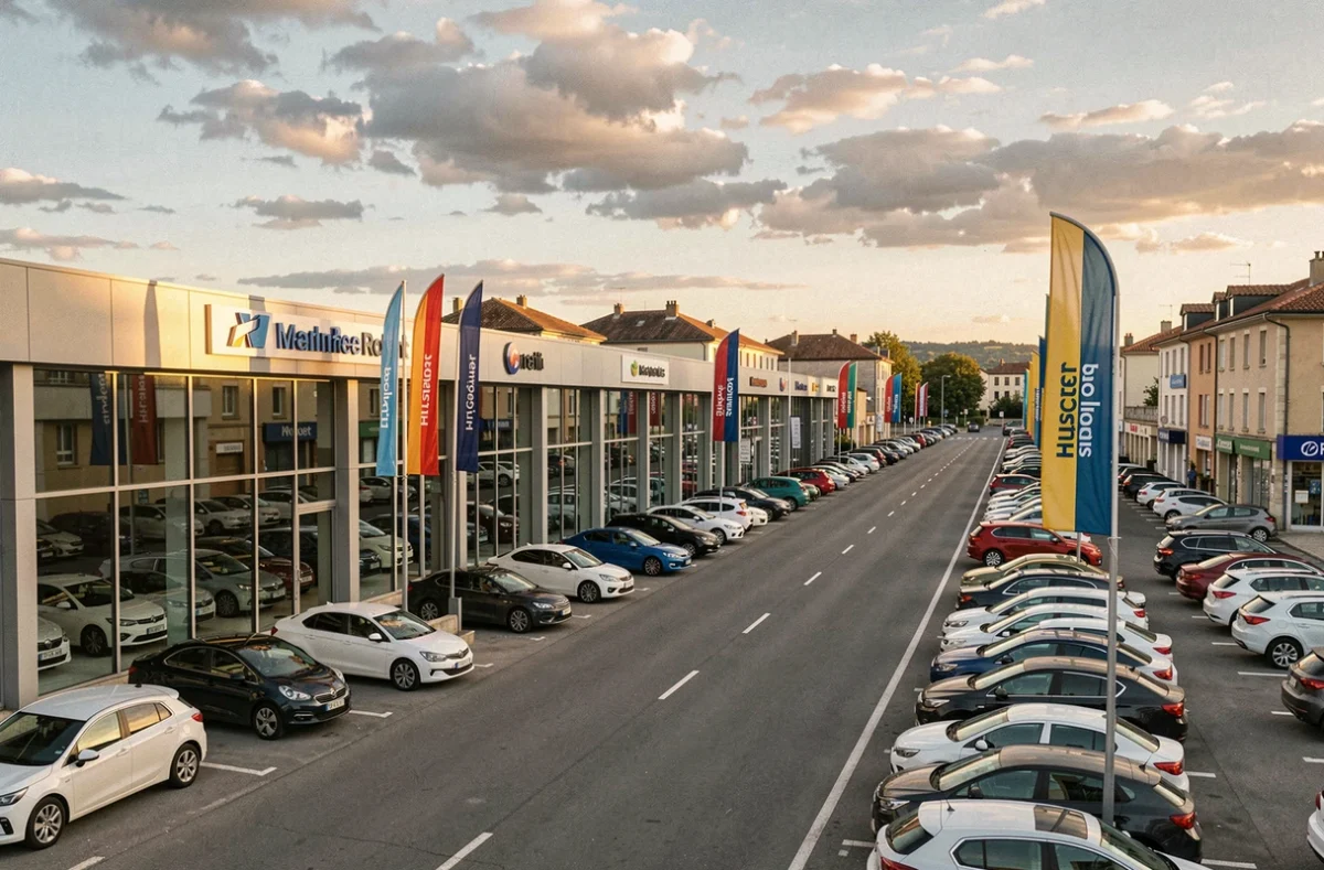 Vue panoramique d'un quartier de concessionnaires automobiles en Haute-Garonne avec plusieurs showrooms alignés le long d'un boulevard commercial