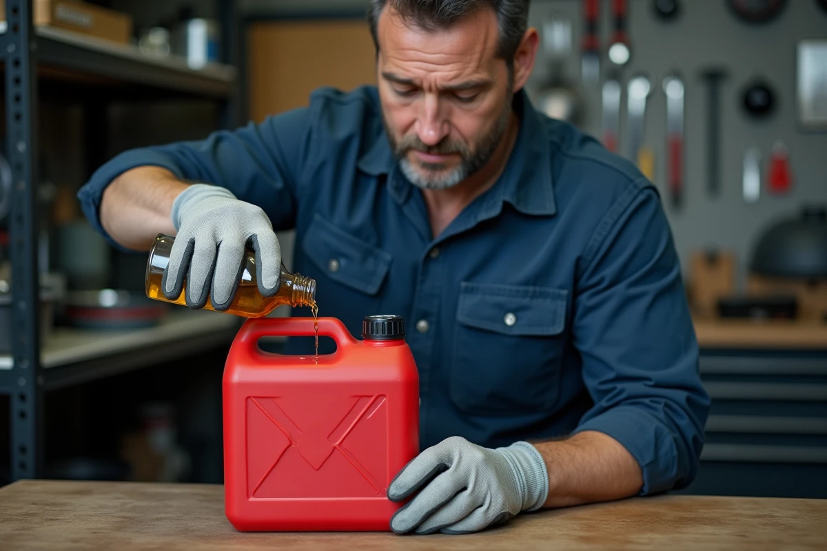 Mécanicien versant de l'huile deux temps dans un bidon d'essence rouge pour préparer un mélange carburant en atelier
