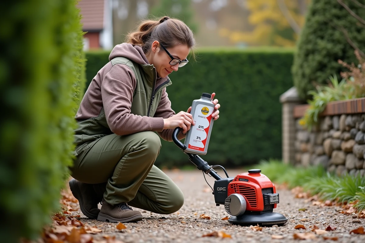 Femme préparant le mélange huile essence pour une débroussailleuse avec un flacon doseur gradué dans un jardin