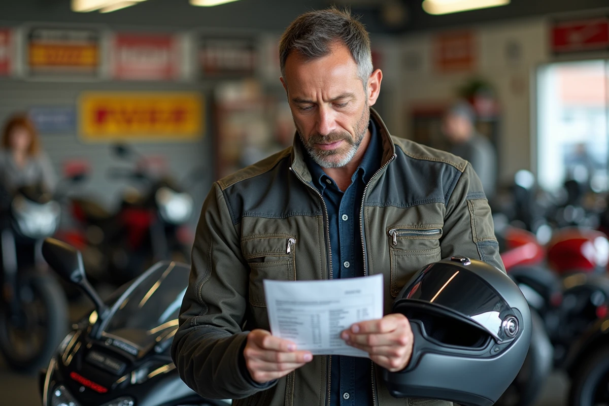 Motard inspectant le prix de revente d'une Honda CBR 1000 F chez un concessionnaire moto d'occasion