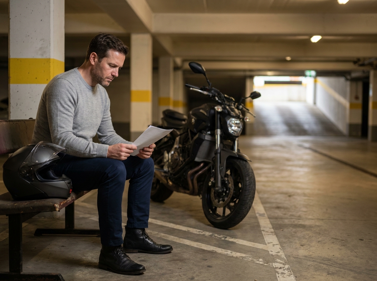 Homme motard consulte ses documents d'assurance moto dans un parking souterrain urbain
