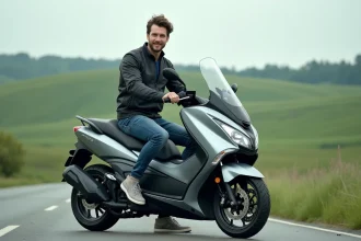Jeune homme sur scooter XMAX 125 en campagne