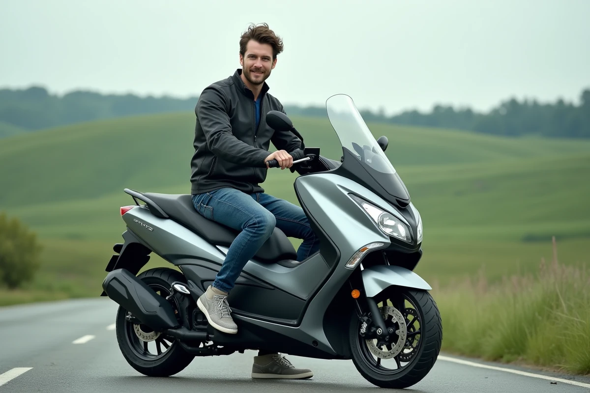Jeune homme sur scooter XMAX 125 en campagne