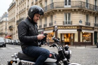 Motard urbain détendu consulte son smartphone avant un petit trajet en ville à Paris