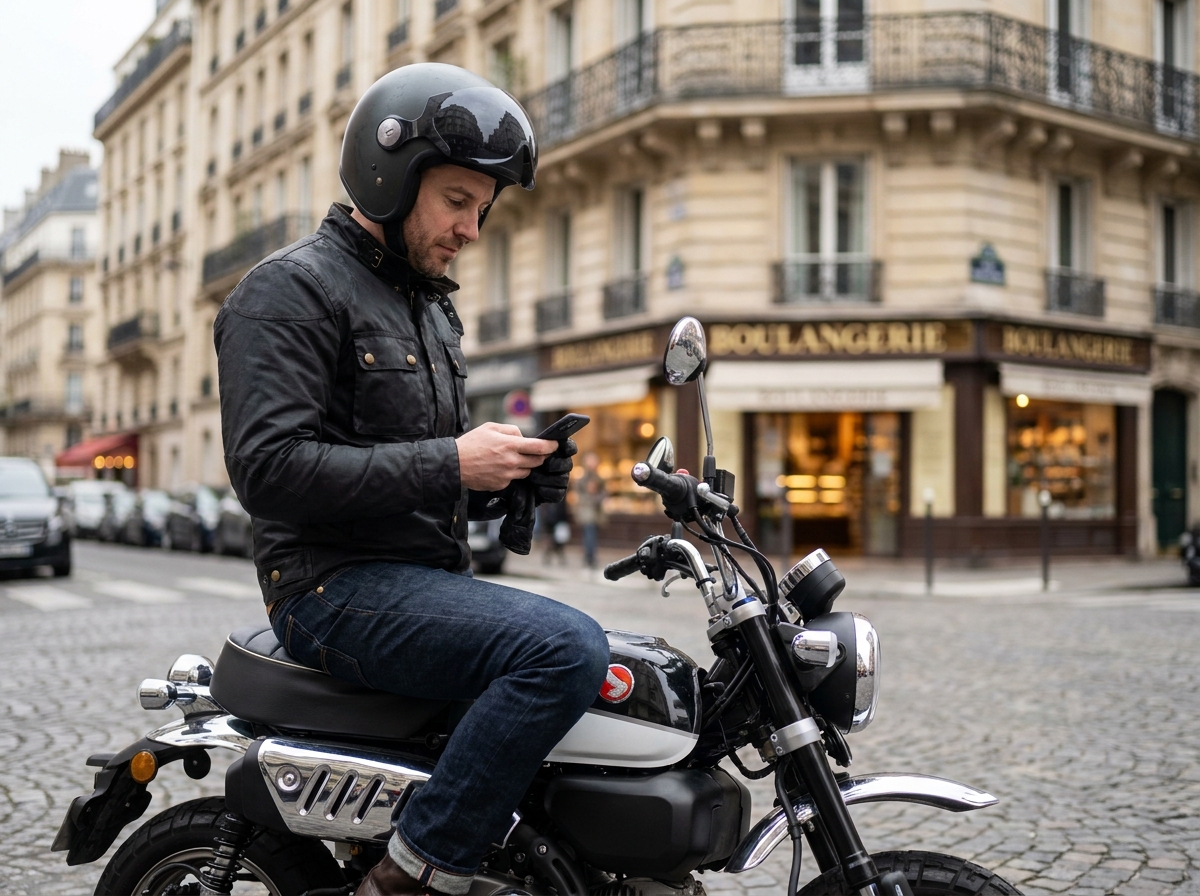 Motard urbain détendu consulte son smartphone avant un petit trajet en ville à Paris