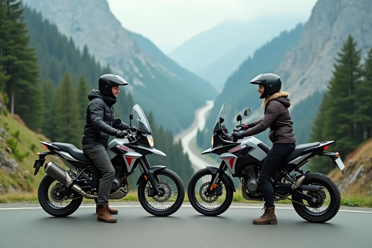 Deux motards complices en pause sur un virage de montagne, partageant un moment de joie sur des motos aventure de cylindrée moyenne