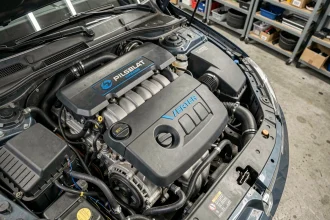 Moteur 1.5 BlueHDi 130 sous le capot d'une voiture Peugeot ou Citroën, vue plongeante sur le bloc diesel turbocompressé