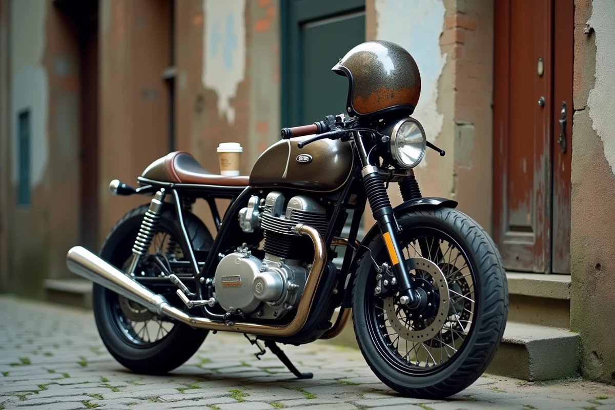 Moto café racer vintage garée dans une ruelle urbaine pavée, évoquant le charme et le plaisir authentique au-delà de la puissance brute