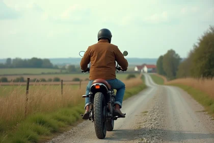 Homme en moto vintage dans un paysage rural tranquille