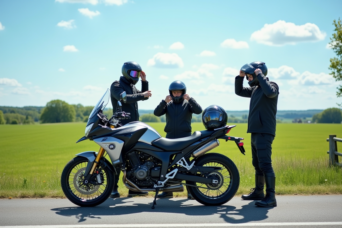 Riders ajustant leur équipement sur une moto en campagne ensoleillée