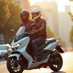 Deux motards en ville portant casques et gilets de sécurité