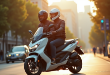 Deux motards en ville portant casques et gilets de sécurité