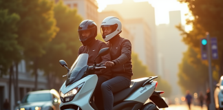 Deux motards en ville portant casques et gilets de sécurité