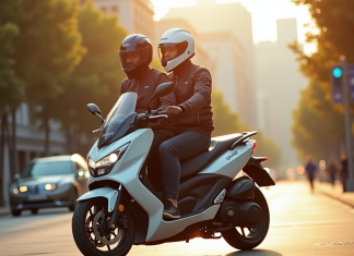 Deux motards en ville portant casques et gilets de sécurité