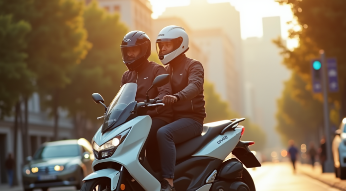 Deux motards en ville portant casques et gilets de sécurité