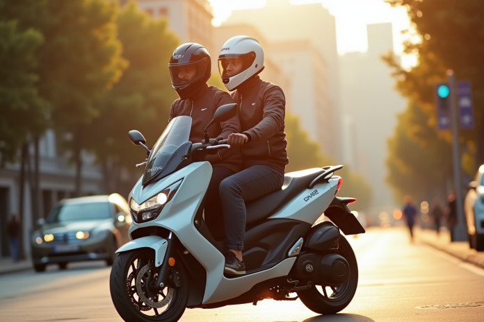 Deux motards en ville portant casques et gilets de sécurité