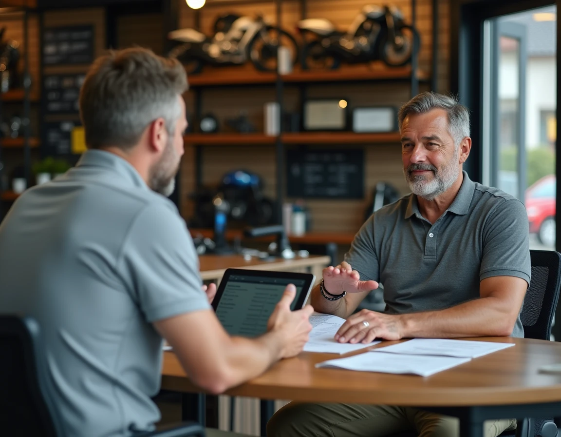 Négociation du prix d'une moto Yamaha occasion entre acheteur et vendeur dans un bureau de concessionnaire