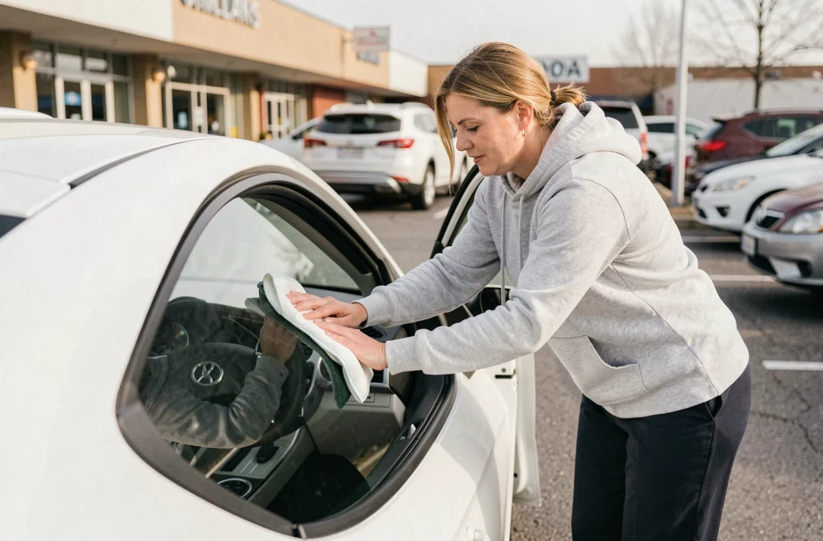 Femme nettoyant l'intérieur de sa voiture et le pare-brise avant un rendez-vous de remplacement Carglass