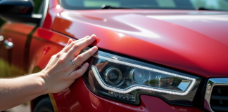 Personne nettoyant le phare de la Peugeot 308 GTI rouge