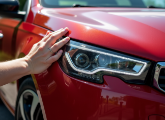 Personne nettoyant le phare de la Peugeot 308 GTI rouge