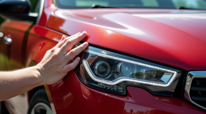 Personne nettoyant le phare de la Peugeot 308 GTI rouge