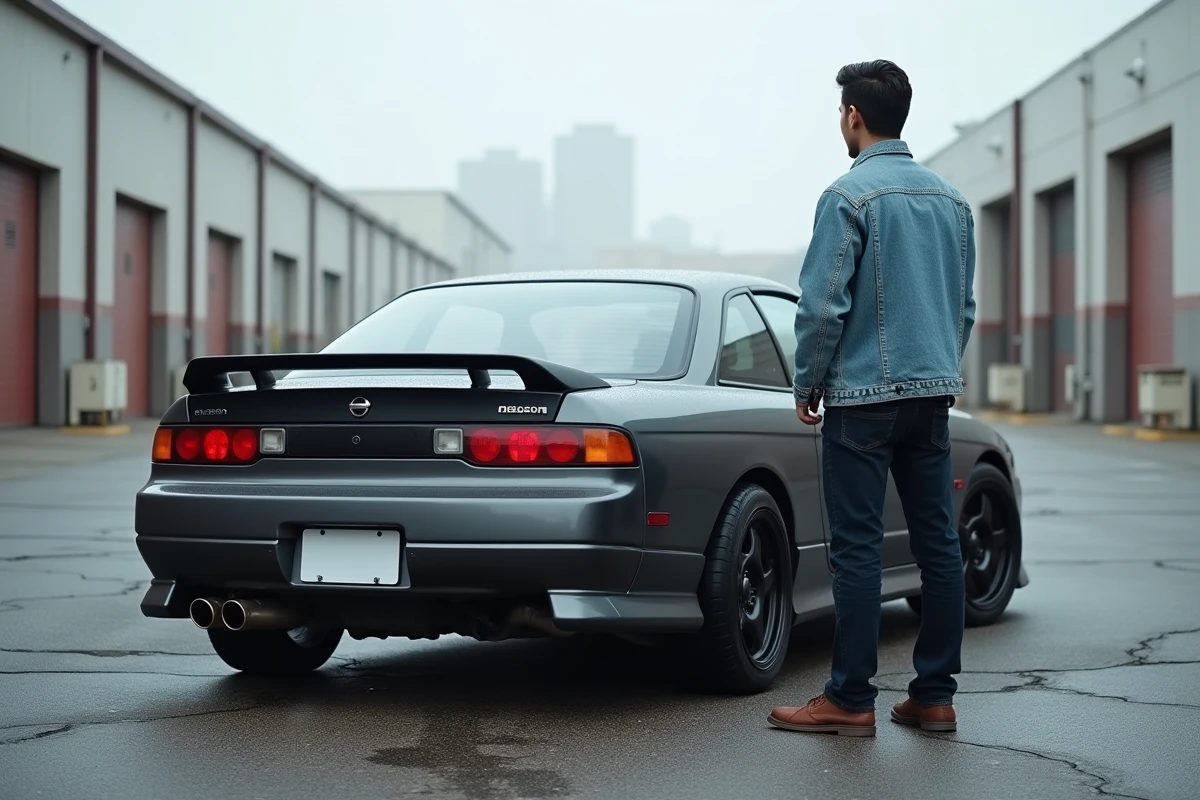 Nissan S14a Silvia vue de 3/4 arrière dans un parking industriel, feux kouki emblématiques et jeune passionné automobile, future youngtimer japonaise