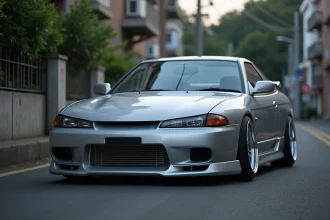 Nissan S14a Silvia kouki en argent métallisé garée dans une rue urbaine, vue 3/4 avant, voiture youngtimer japonaise des années 90