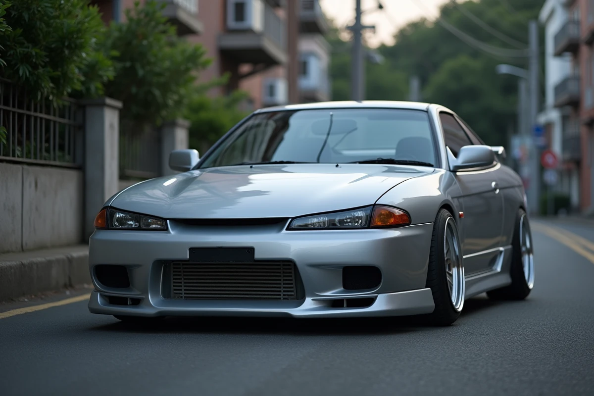 Nissan S14a Silvia kouki en argent métallisé garée dans une rue urbaine, vue 3/4 avant, voiture youngtimer japonaise des années 90